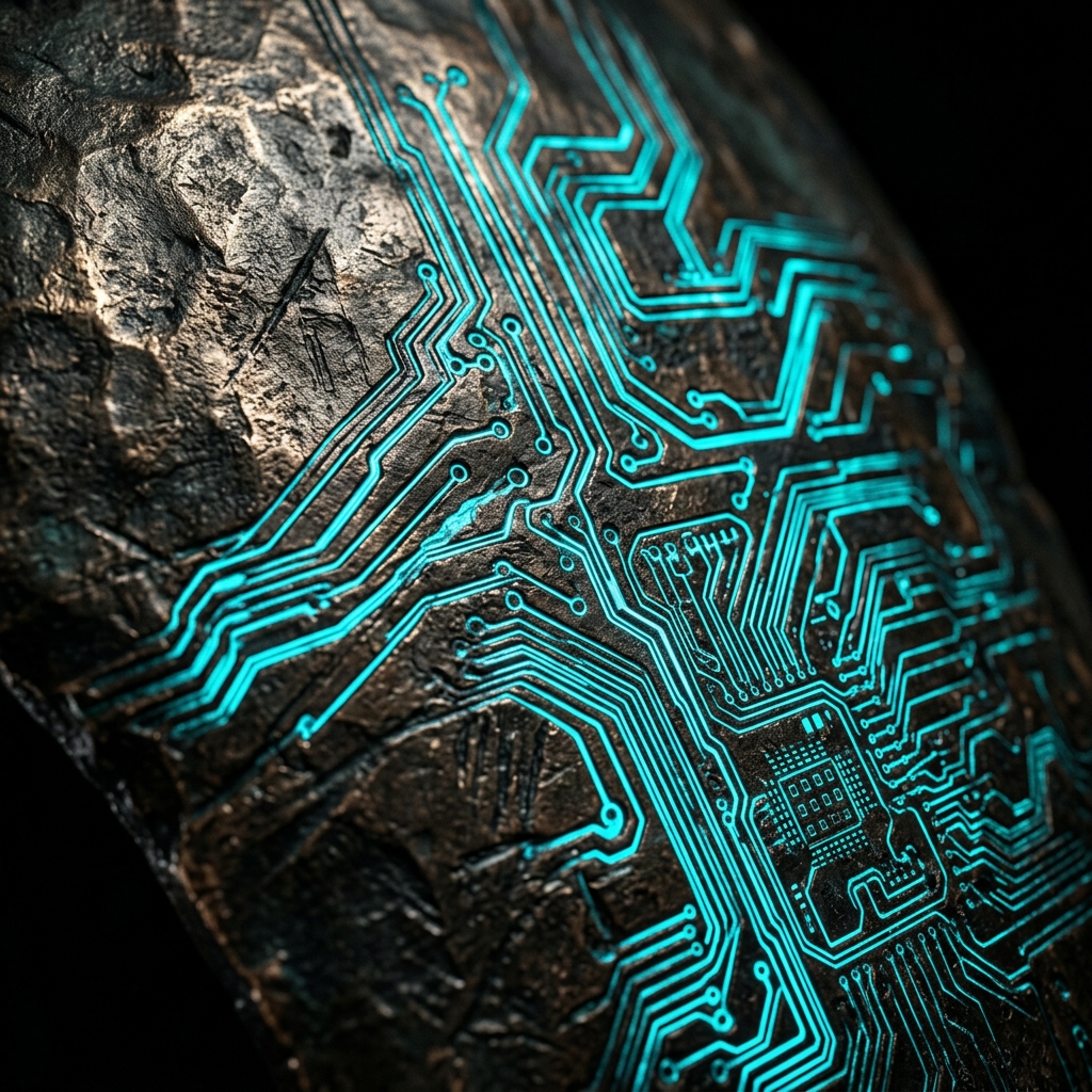 Hammered bronze metal with electric cyan circuit traces representing Web 300 custom-coded architecture