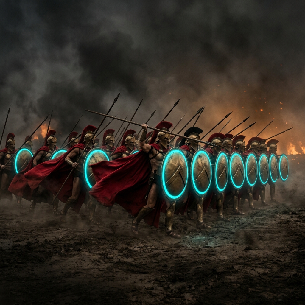 Spartan phalanx formation representing Web 300's unified team protecting client digital assets