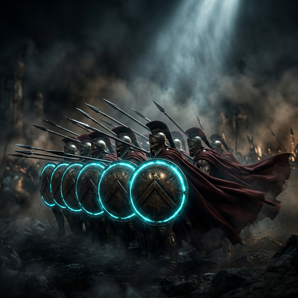 Spartan phalanx formation representing Web 300's unified team protecting client digital assets